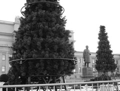 Решившим окружить памятник Куйбышеву комплексом елок осталось и «хозяина» площади нарядить в костюм Деда Мороза